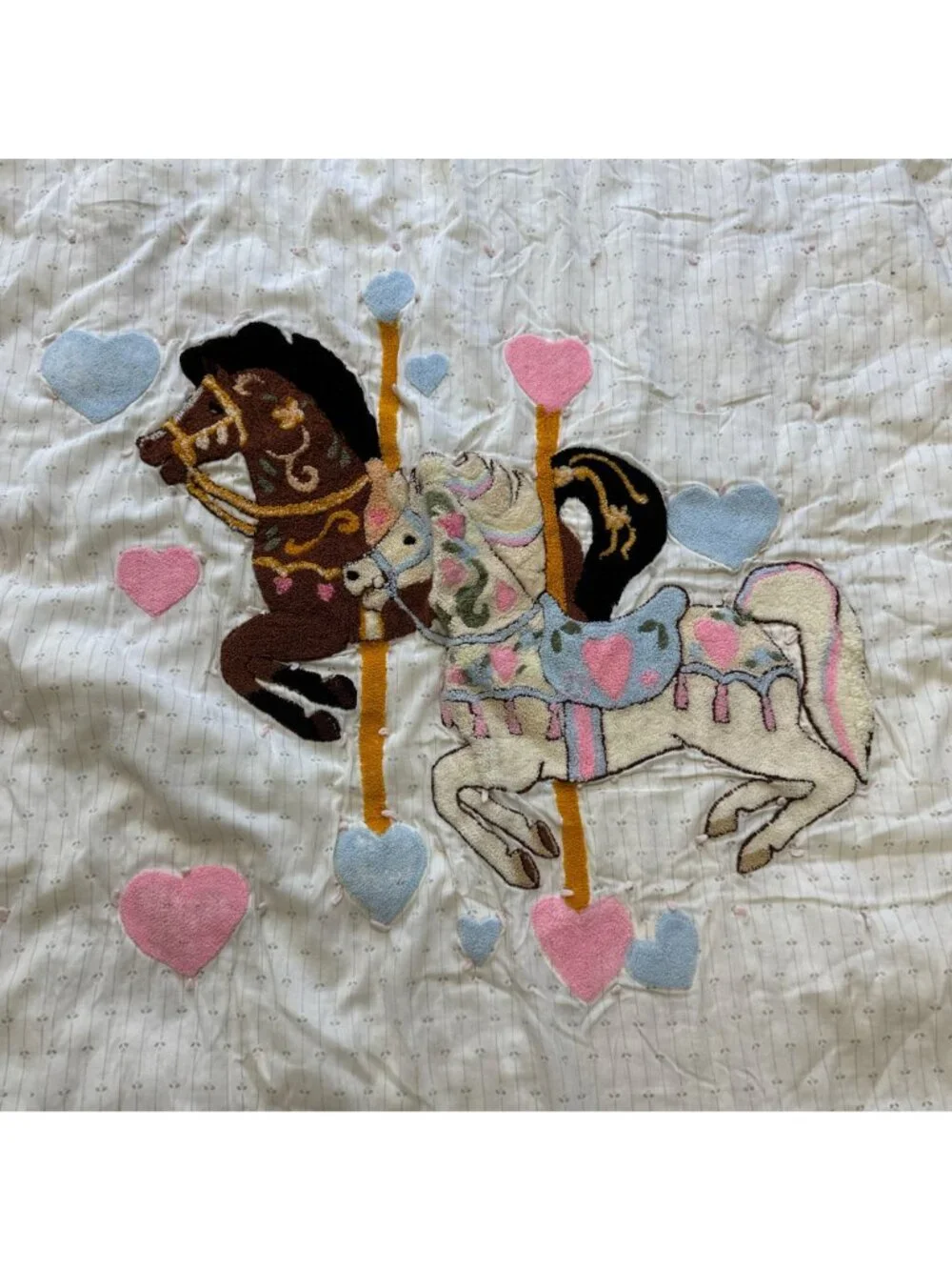 Vintage 80s Kawaii Pastel Carousel Horse Chenille Baby Blanket Hearts Coquette